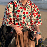 Hearujoy Summer Beach Hawaiian Rose Shirts Vintage Red Floral Button Up Shirt Men Women Loose Casual Tops Large 2XL Japan Kawaii Tee